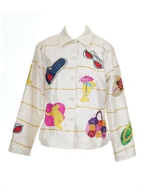 Vintage Anage Silk Beaded Beach Novelty Jacket Sequin Appliqué Tropical Boxy
